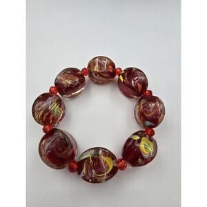 Chunky Red Swirl Art Glass Lamp work Foil Bead Stretch Bracelet Fashion Jewelry